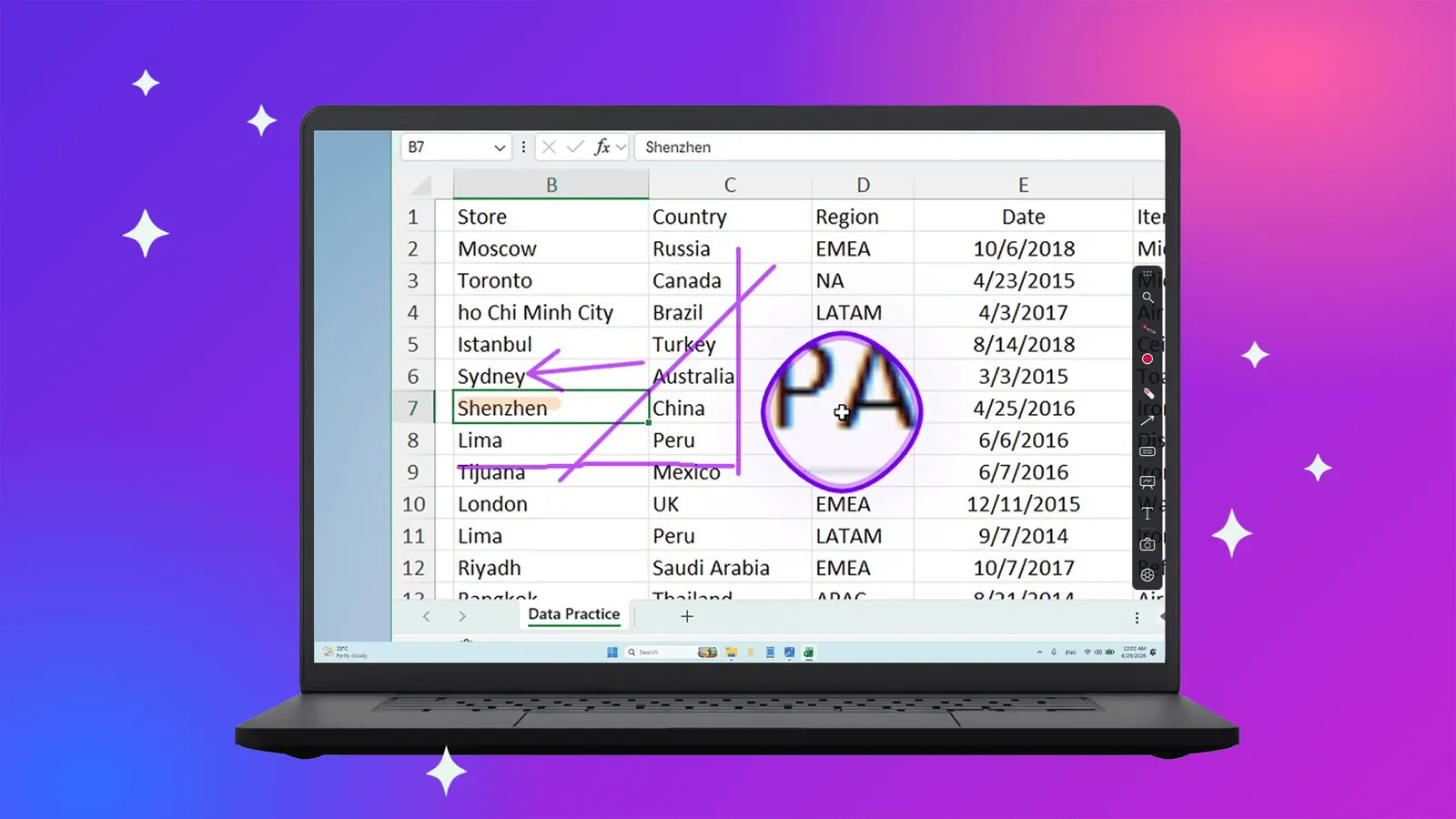 SHARA on a Windows laptop: cursor halo, ink annotations, a magnifier lens and the docked toolbar over a spreadsheet
